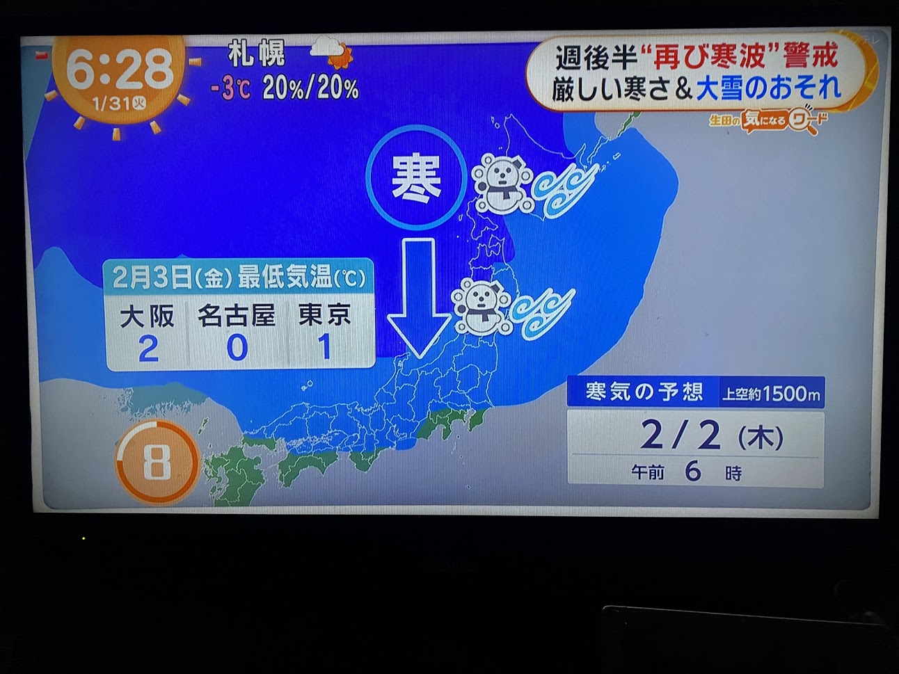 1/31の天気予報で2/2以降寒波警戒とのこと