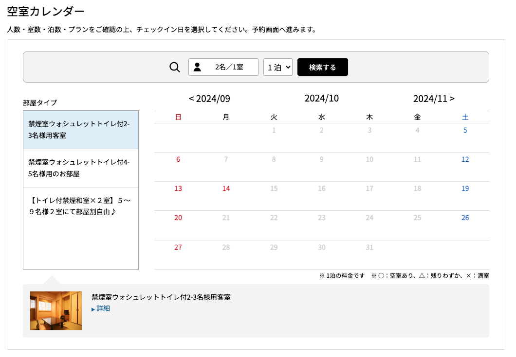 販売されていない月は空室案内に料金も○×も出ません